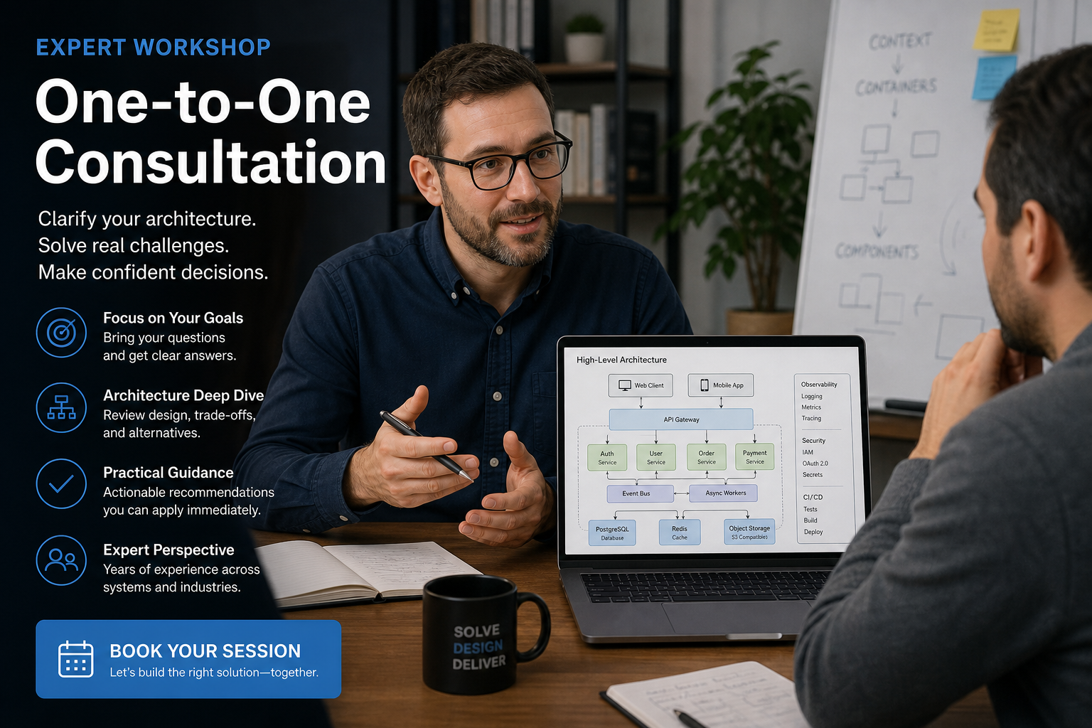 One-to-one expert consultation at desk with software architecture on laptop screen