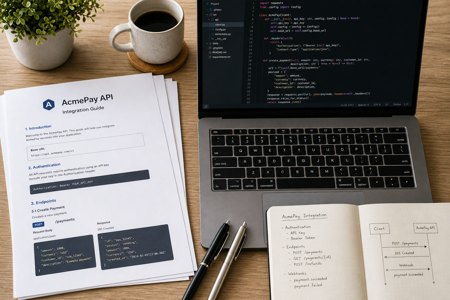 Top-down view of API guide documents, laptop and notebook on a professional desk