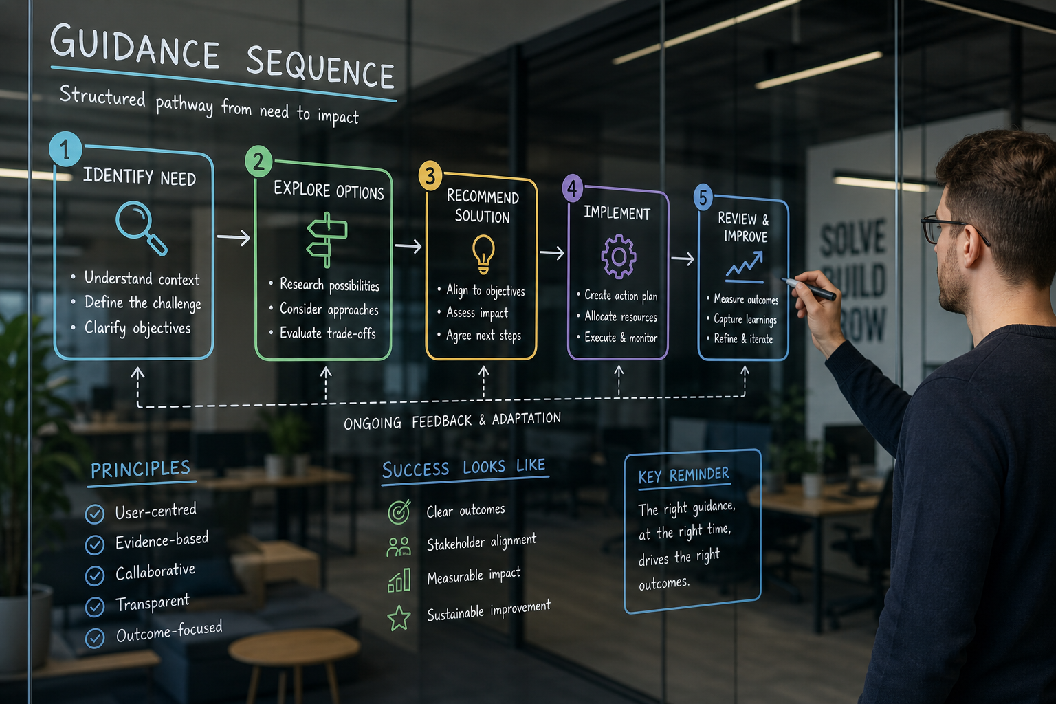 Structured software publishing pathway diagram on glass board