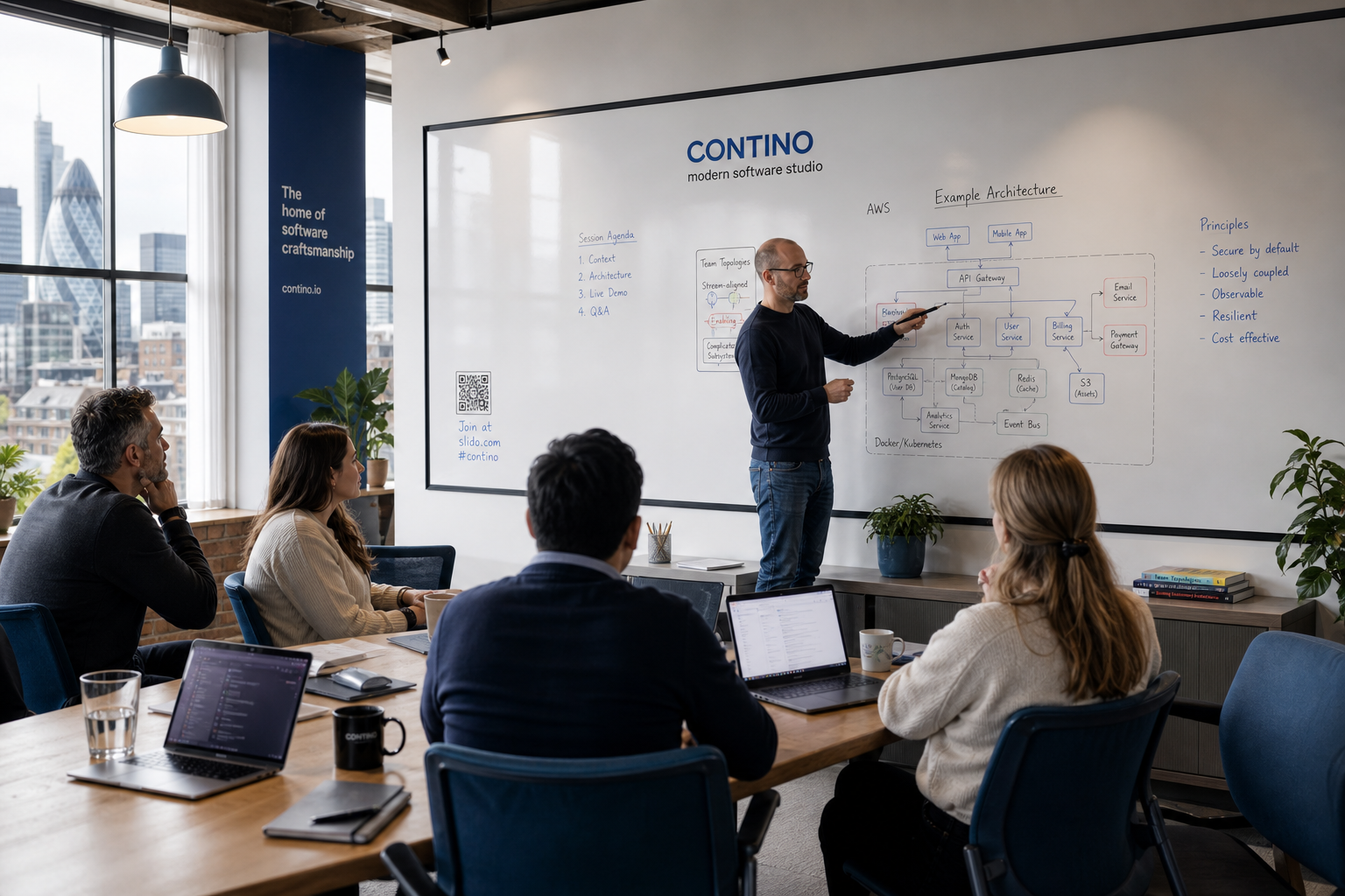 Expert software publishing workshop with whiteboard architecture diagrams in a London seminar room