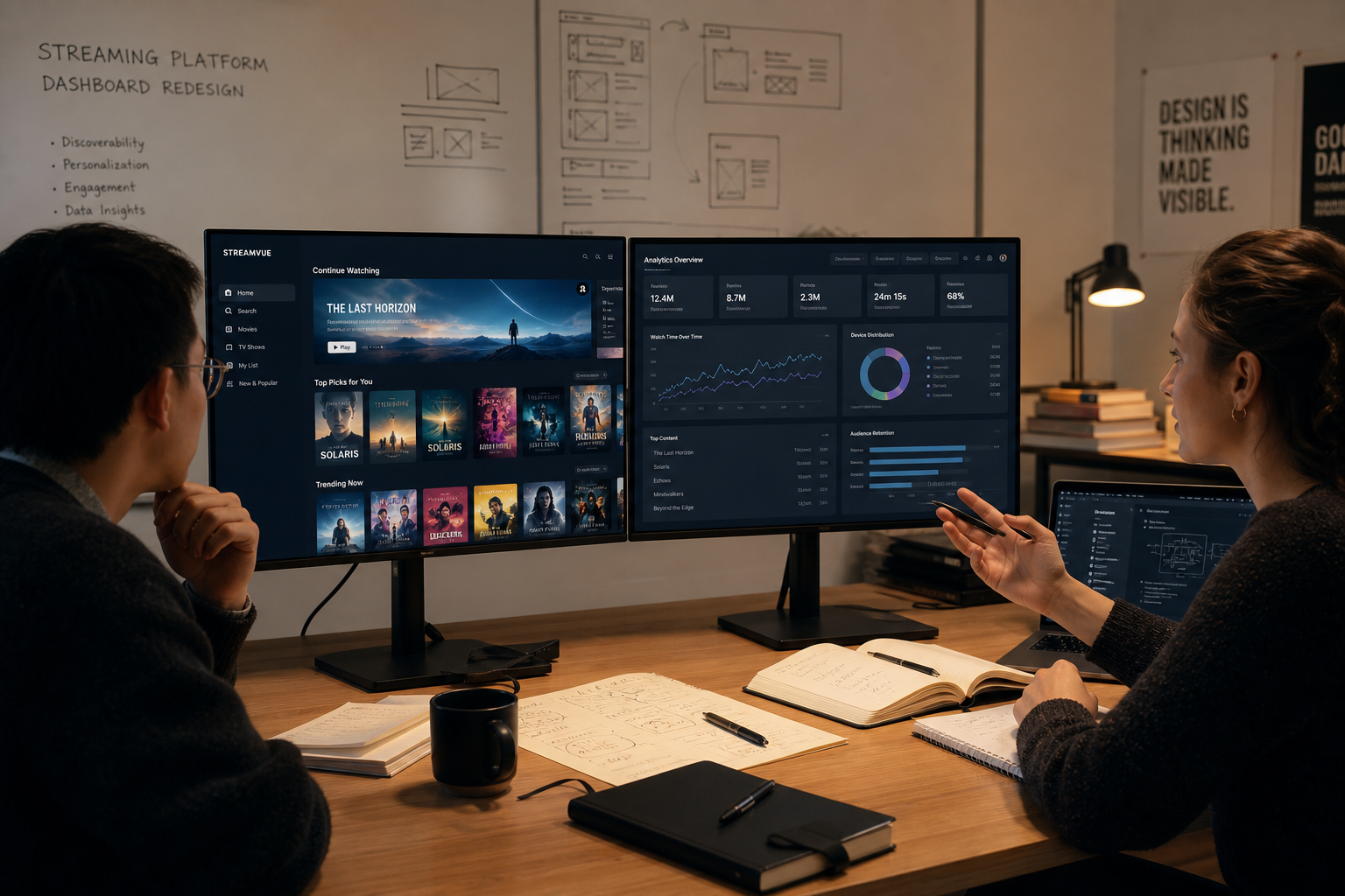 Media streaming platform review session with expert team analysing distribution dashboards
