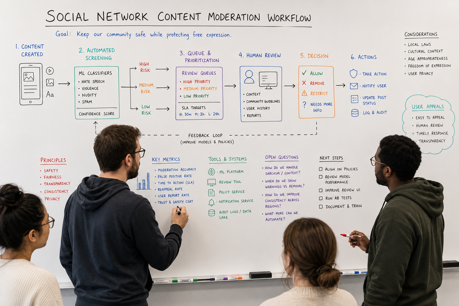 Social network content moderation workflow whiteboard session