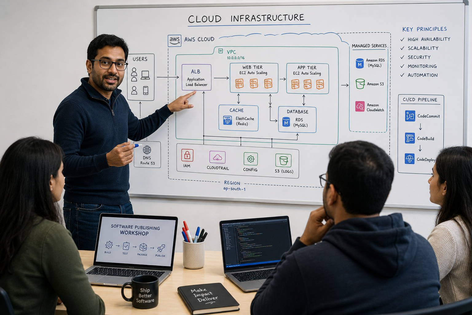 Expert explaining cloud infrastructure diagram on whiteboard during software publishing workshop