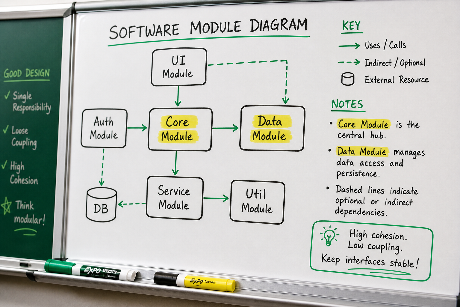 Whiteboard diagram showing software module architecture with marker highlights